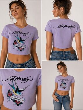 Ed Hardy Lavender Cropped Graphic Tee Swallow Bird Tattoo Y2K Women’s XL